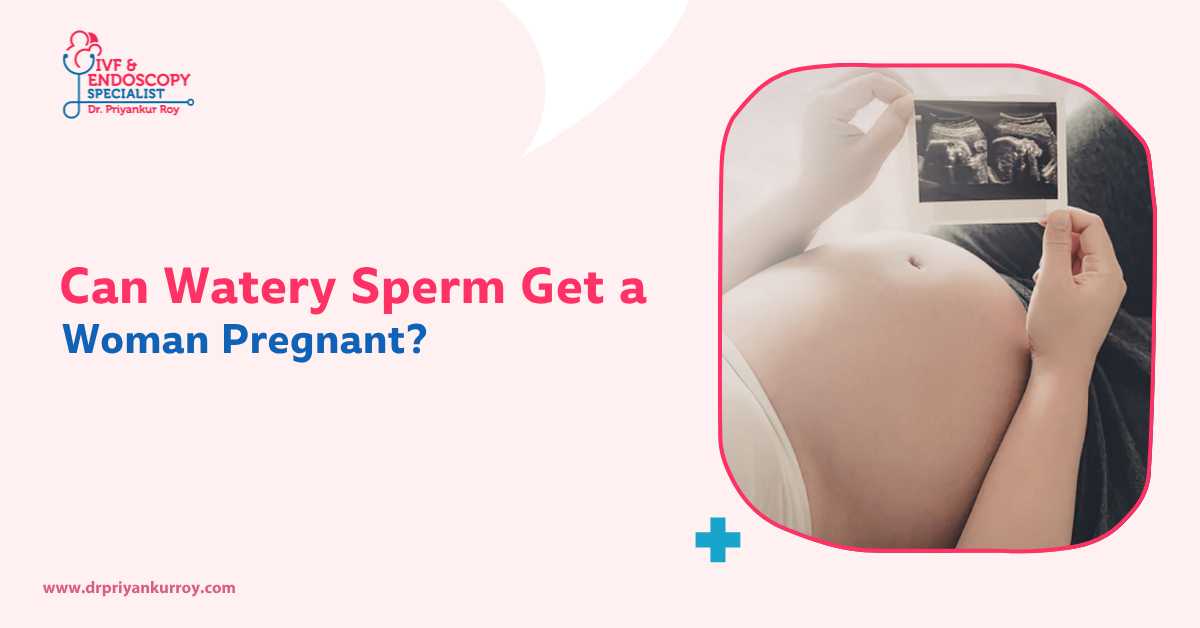 Watery sperm and pregnancy concept showing pregnant woman with ultrasound image, fertility treatment guidance by Dr. Priyankur Roy in Siliguri