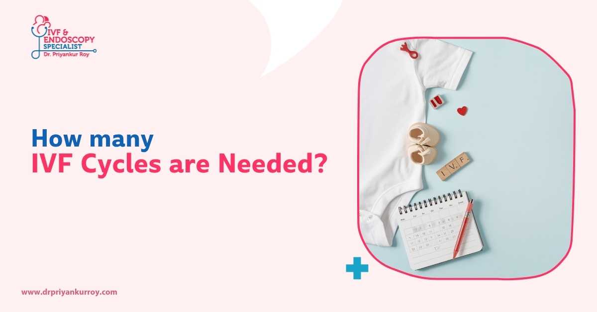 How many IVF cycles are needed to get pregnant infographic with IVF treatment calendar, baby clothes and fertility planning guidance by Dr Priyankur Roy, Best IVF Centre in Siliguri